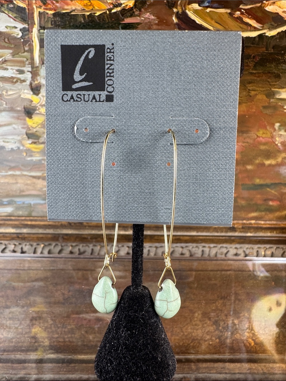 0517-Casual‎ Corner Gold Hoop Earrings with Mint Green Teardrops